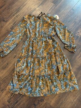 Hayden Mustard Floral Tiered Dress with Blue Accents